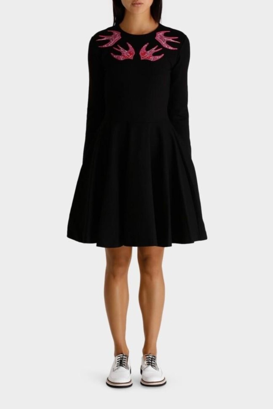 Mcq Alexander McQueen Bird Embroidered Midi Skater Dress Pink & Black